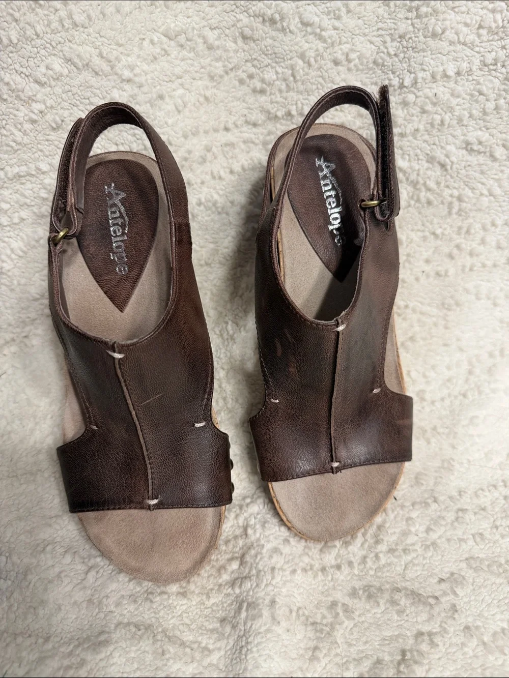 Antelope Brown Leather Wedge Slingback Sandals - Women